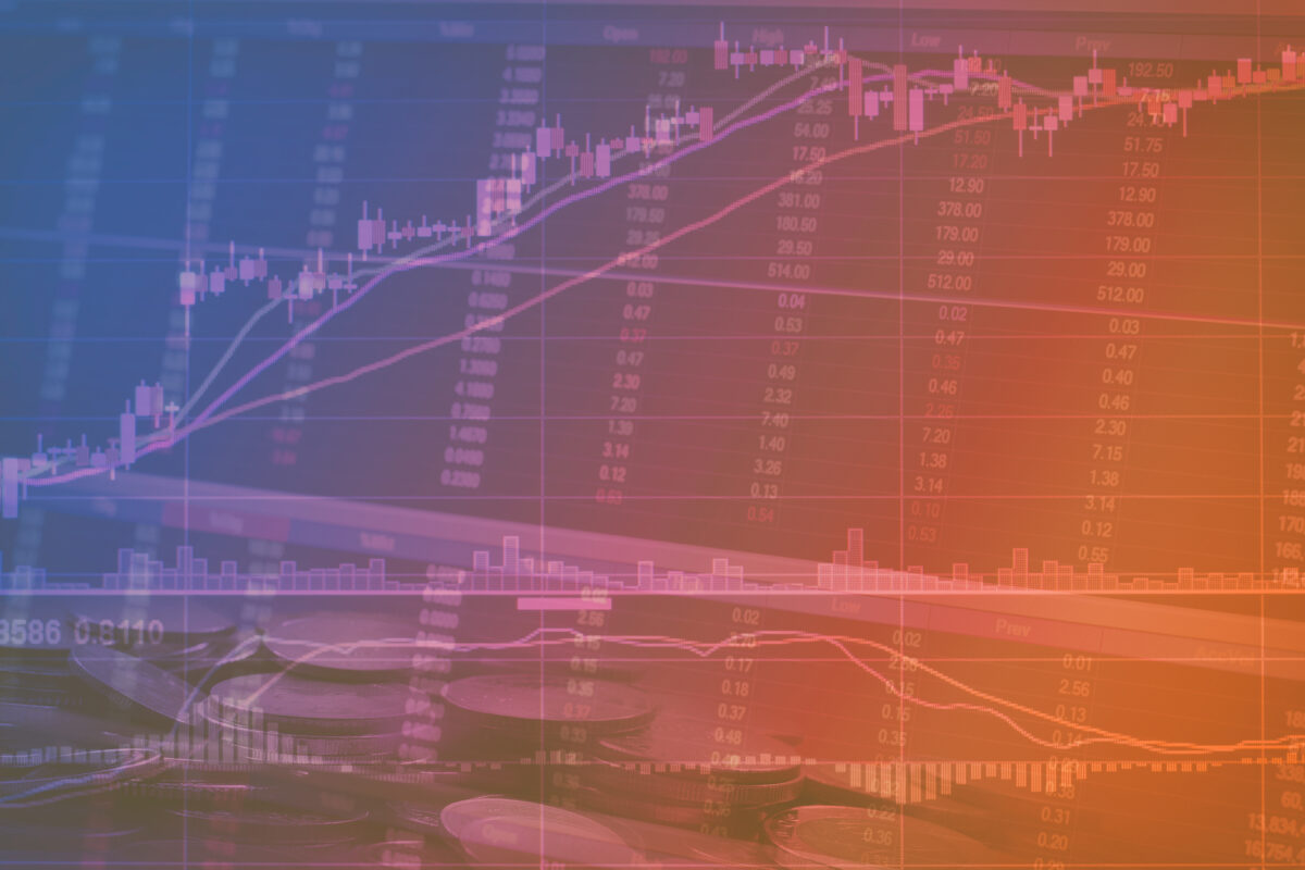 Abstract financial stock numbers chart with graph and stack of coins in Double exposure style background