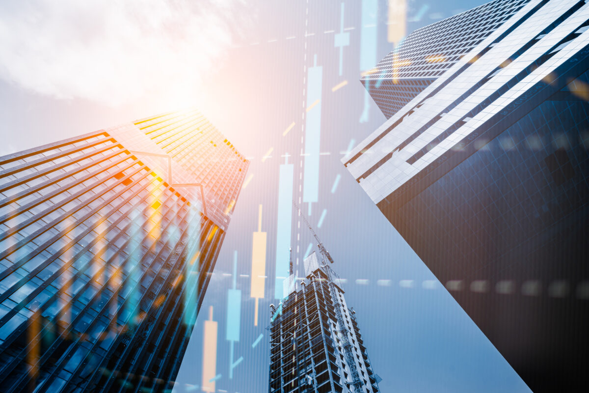 Multi exposure of abstract financial graph on office buildings background, forex and investment concept