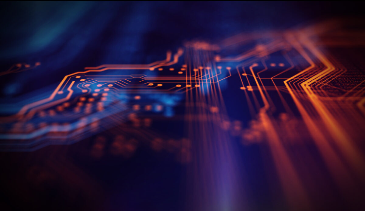 Orange and blue technology background circuit board and code. 3d Illustration
